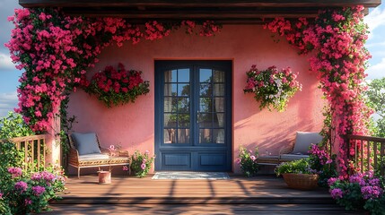 Rustic patio decorated with lush greenery and beautiful wooden furnishings picture