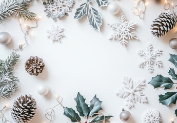 Delicate Snowflakes and Christmas Decorations on White Background