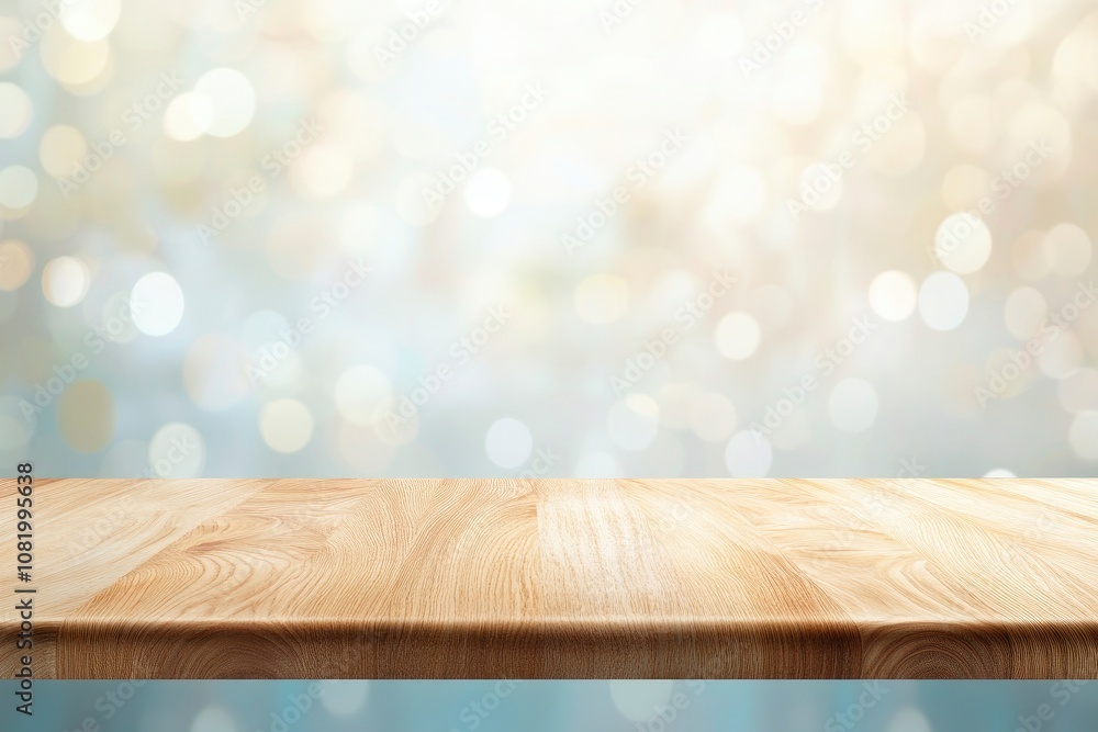Poster wooden table over abstract bokeh background, use for text or picture, chirstmas and new year concept