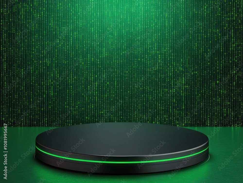 Poster quantum computing of cryptography concept. a sleek black platform under a cascading green light back