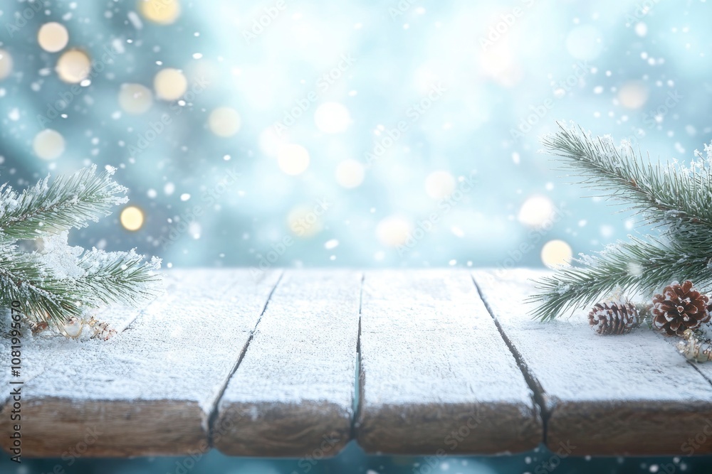 Poster wooden table over abstract bokeh background, use for text or picture, chirstmas and new year concept