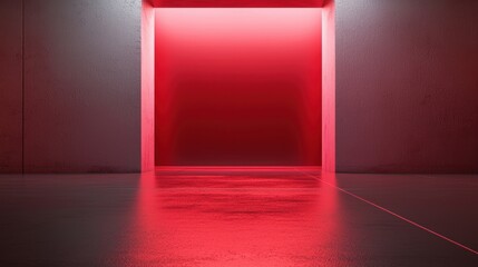 Obraz premium A modern, minimalist interior with vibrant red lighting creating an intriguing atmosphere and artistic appeal.