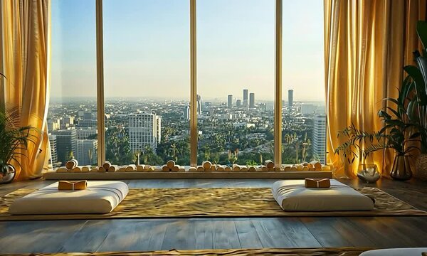 Hollywood Glam yoga room with elegant finishes, plush textures, and a view of a picturesque lake
