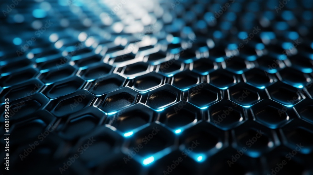 Poster abstract close-up of a honeycomb patterned high-tech surface with a shiny metallic finish, highlight