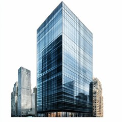 Obraz premium Modern glass skyscraper against white sky.