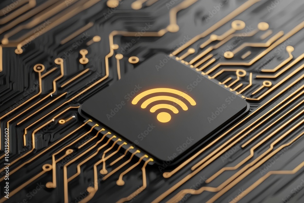Poster quantum computing of cryptography concept. a close-up of a circuit board featuring a prominent wi-fi
