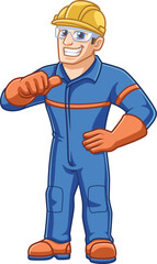 friendly steelworker cartoon character in full safety gear pointing at himself