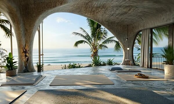 Hollywood Glam yoga room with elegant finishes, plush textures, and a view of a picturesque lake
