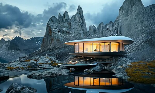 Futuristic mountain retreat on a craggy ridge, featuring a streamlined design with interactive exterior panels, offering a breathtaking view of a deep canyon and distant peaks