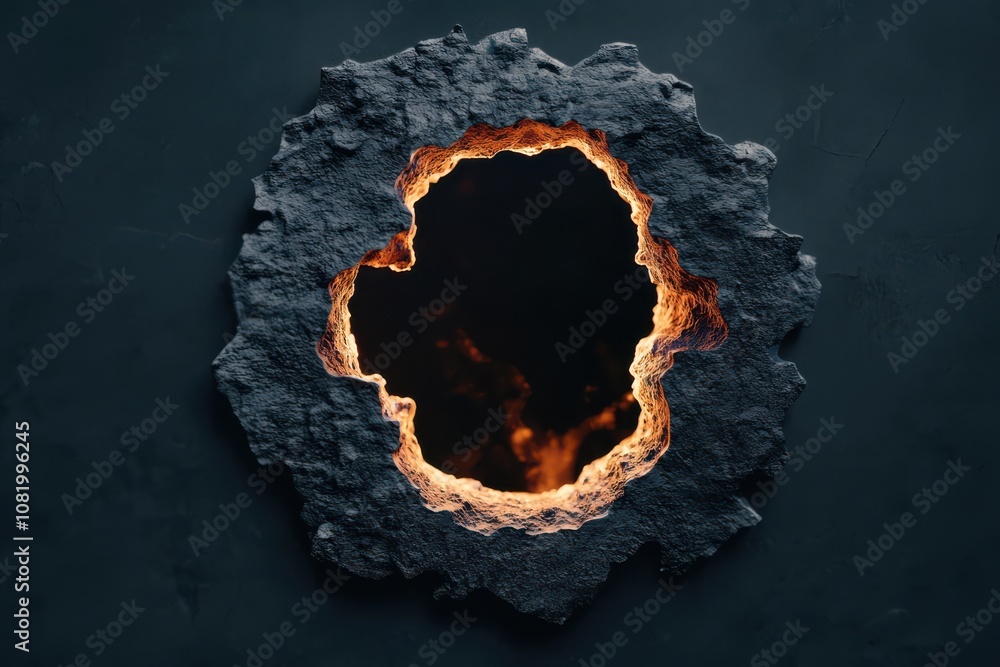 Poster quantum computing of cryptography concept. a jagged, fiery hole shines against a dark background, hi