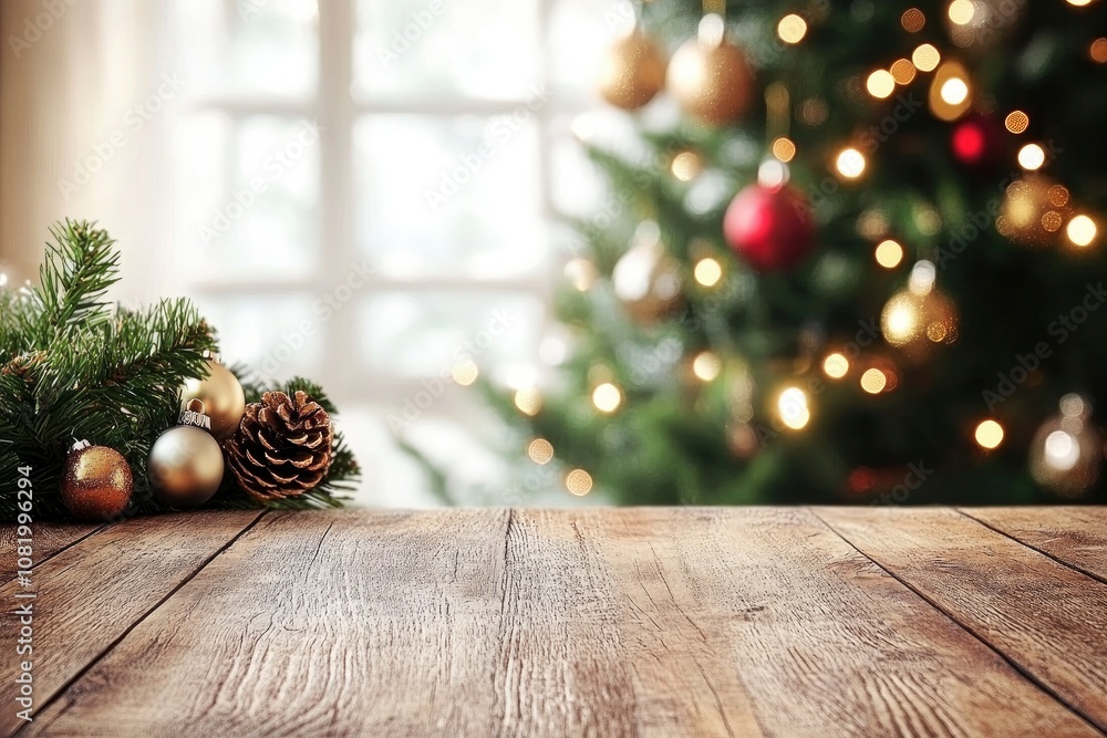Poster wooden table over abstract bokeh background, use for text or picture, chirstmas and new year concept