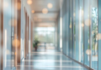 Soft Focus Corridor in Modern Architecture with Natural Light Streaming Through Large Windows, Enhancing a Sense of Calm and Spaciousness in Interior Design Spaces