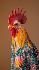 Vibrant Rooster Head Wearing Sunrise Themed Pajamas Playful Twist on Early Riser Concept