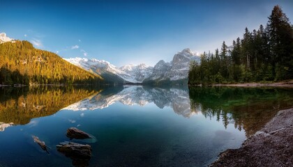 Fototapeta premium Serene Lake Nestled Between Snow-Capped Peaks and Lush Forests, Reflecting the Sunshine and Surrounding Scenery on Its Glassy Surface During Early Morning