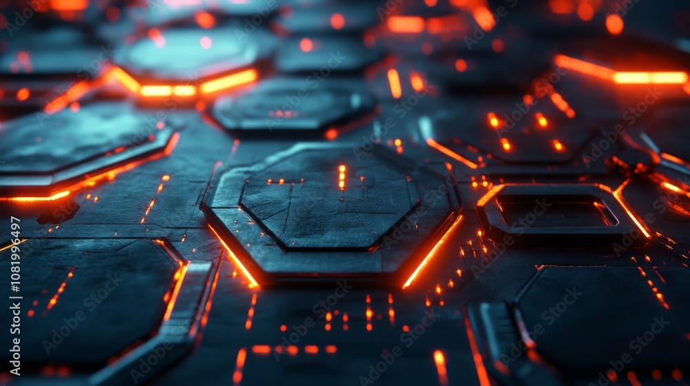Poster futuristic technology background with glowing orange lines on hexagonal patterned surface for innova