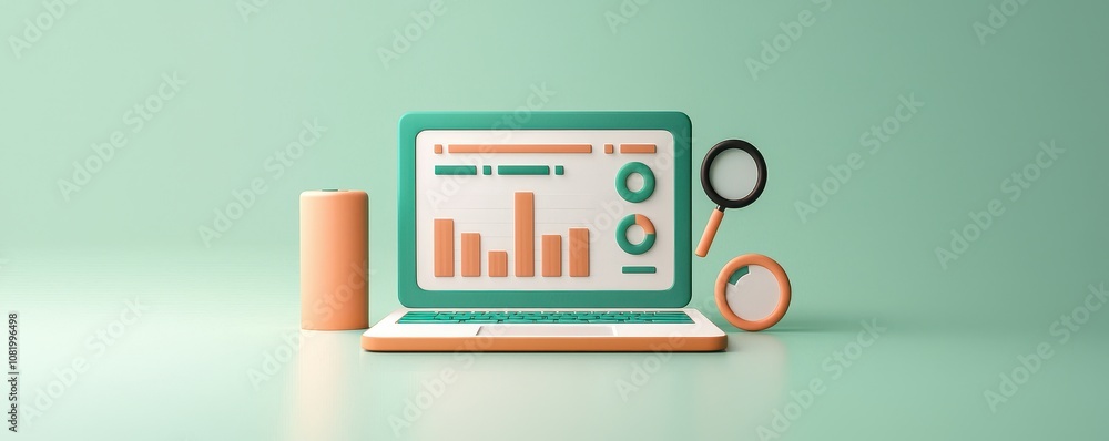Poster a vibrant laptop displays colorful data visualizations alongside a magnifying glass and clock, sugge
