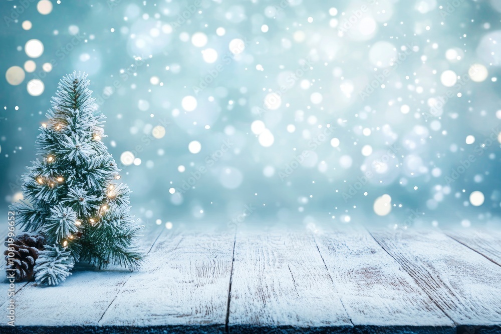 Poster wooden table over abstract bokeh background, use for text or picture, chirstmas and new year concept