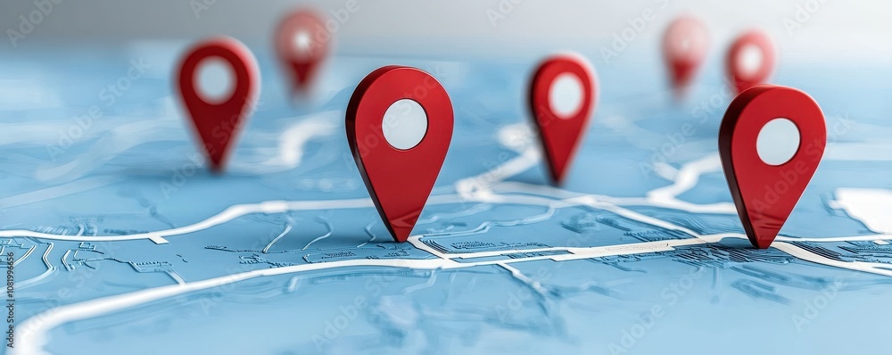 Poster a stylized map featuring multiple red location pins, indicating various points of interest or destin