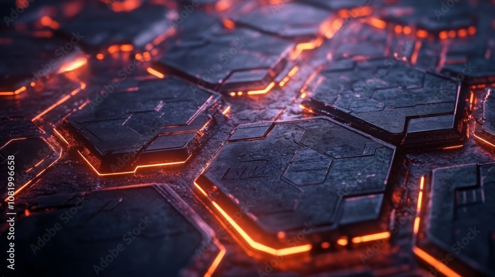 Poster abstract digital background with glowing hexagonal patterns, futuristic textures, and dark surfaces 