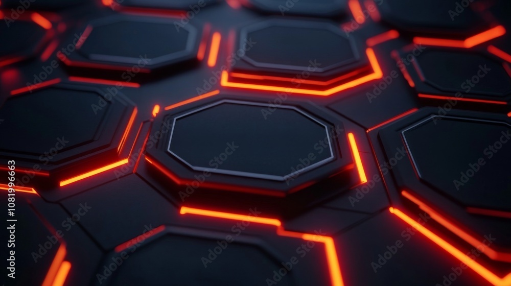 Poster Futuristic Hexagonal Pattern with Glowing Red Lines on Dark Background, Ideal for Technology, Abstract Art, and Digital Design Projects