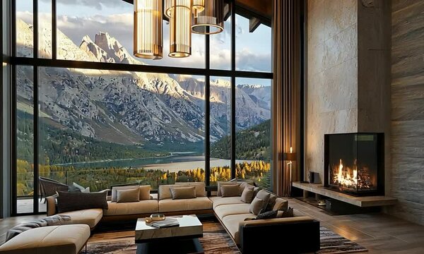 Elegant chandelier in an organic home built into a hillside, with living exterior and vertical gardens, featuring a view of peaceful countryside with a meandering river