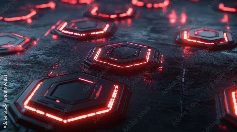 Poster futuristic floor design with hexagonal patterns and glowing red lights creating a sci-fi atmosphere 