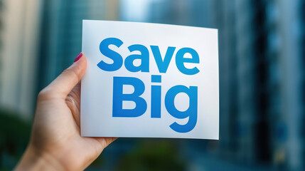 Hand holding flyer with Save Big text, promoting savings and discounts in modern urban setting. vibrant blue text stands out against blurred city background