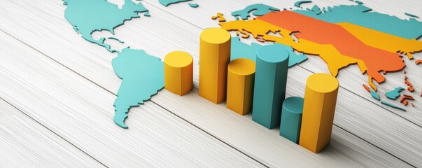 A colorful world map with rising bar graphs symbolizes global data trends and economic growth.