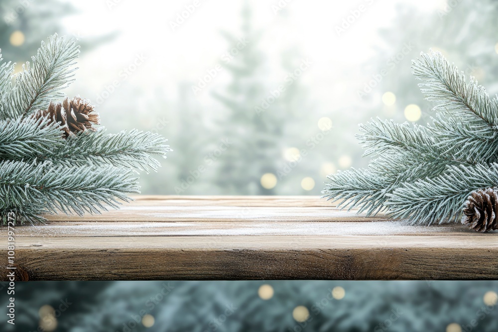 Poster wooden table over abstract bokeh background, use for text or picture, chirstmas and new year concept