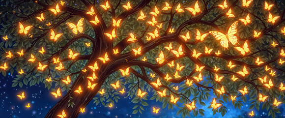 tree with glowing golden butterfly lights magical forest serene evening scene fairy-tale atmosphere peaceful nature lofi style anime aesthetic wallpaper