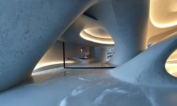 Futuristic interior design in a sleek glass-walled living room overlooking a rugged coastal cliff with crashing waves below