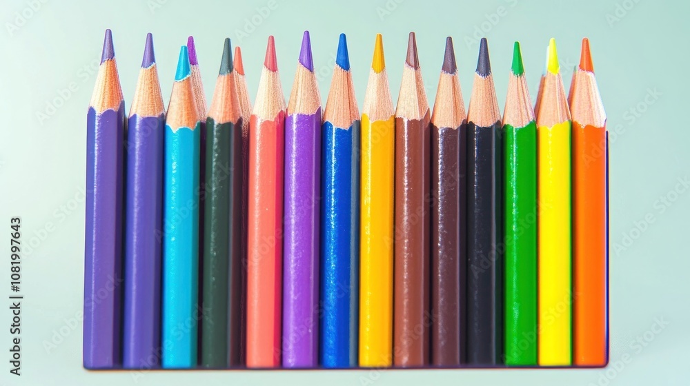 Poster a colorful array of sharpened colored pencils arranged neatly.