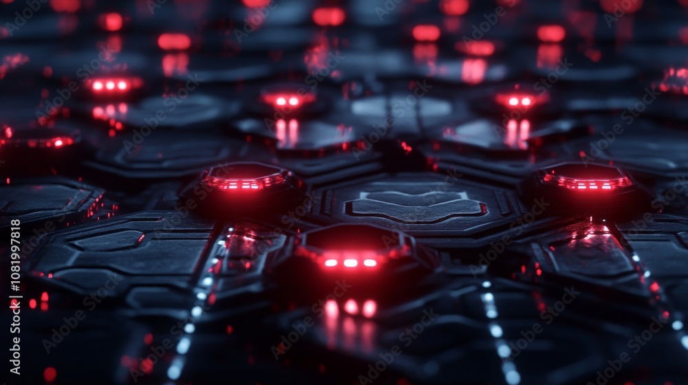 Aufkleber Intricate Perspective of Futuristic Hexagonal Surface Illuminated with Glowing Red Lights, Showcasing a Modern Technology Inspired Design Theme