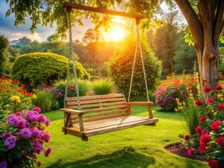 Obraz premium Tranquil Wooden Garden Swing Surrounded by Nature, Inviting Relaxation and Play in a Serene Outdoor Space