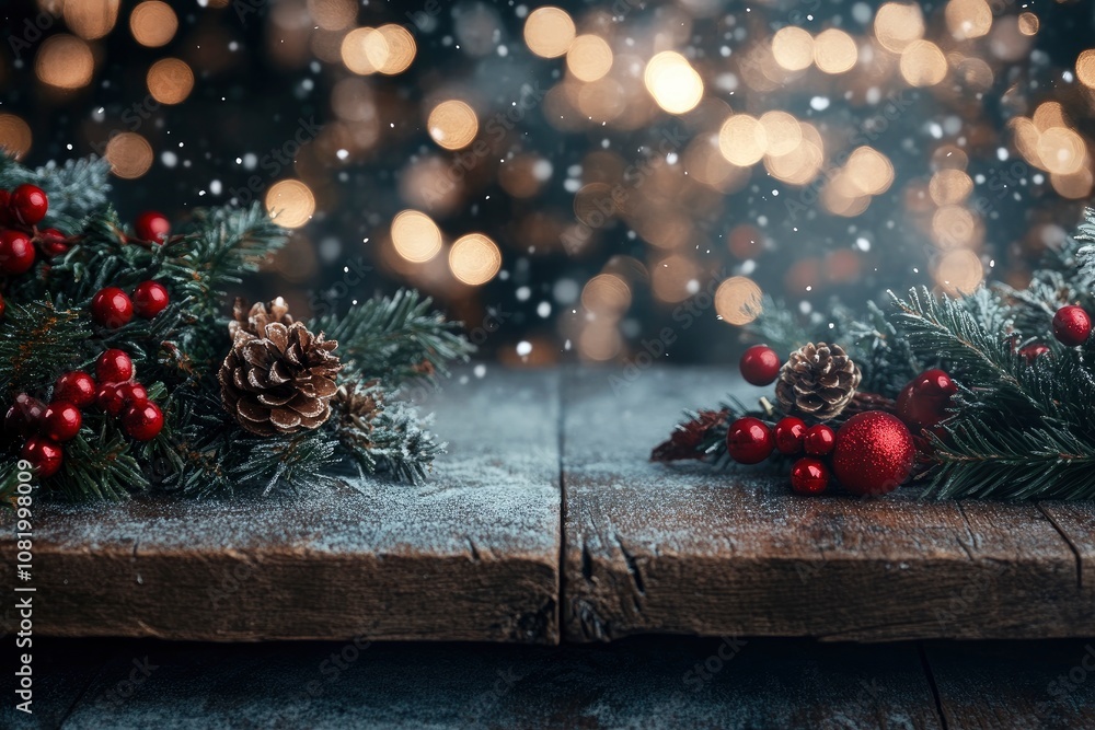 Poster wooden table over abstract bokeh background, use for text or picture, chirstmas and new year concept