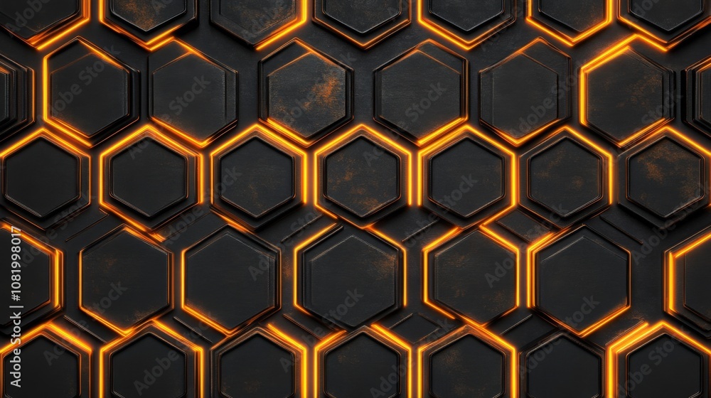 Poster modern honeycomb pattern with illuminated lines in dark metal tone, creating a unique and contempora