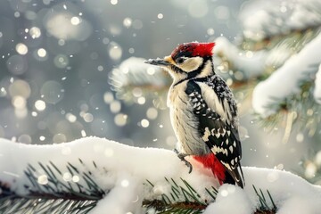 Bird in Snow. Woodpecker Wildlife Nature Winter Scene in Pine Forest
