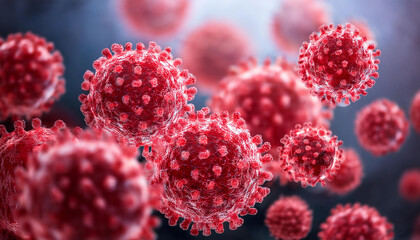 Red viral cells in motion under microscope. Scientific research, medical concept. Close-up.
