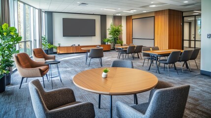 Fototapeta premium A spacious meeting room with comfortable seating and modern AV technology, perfect for collaborative business discussions