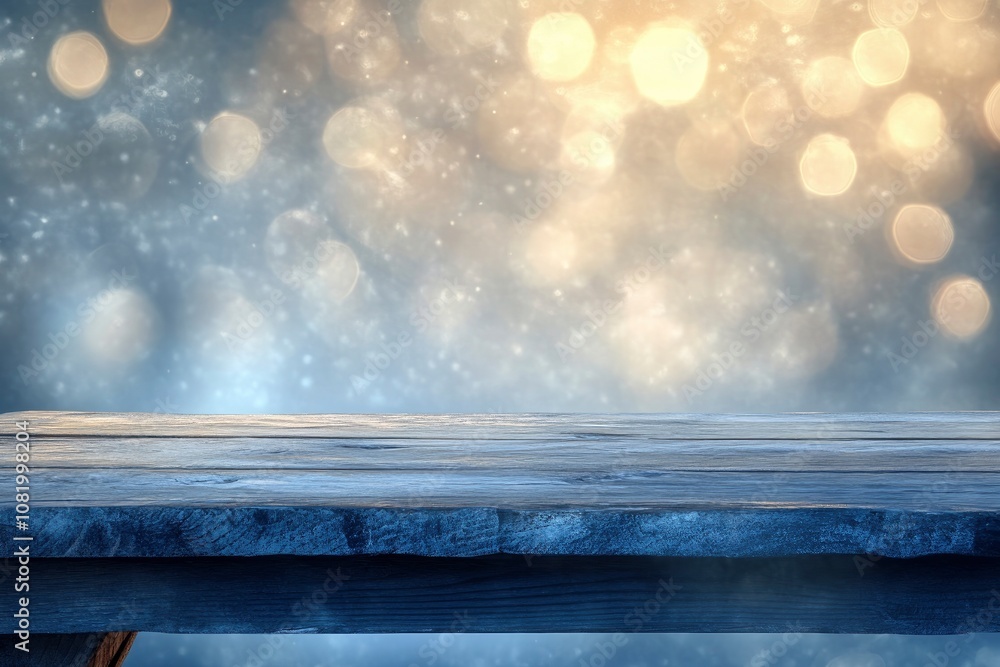 Poster wooden table over abstract bokeh background, use for text or picture, chirstmas and new year concept