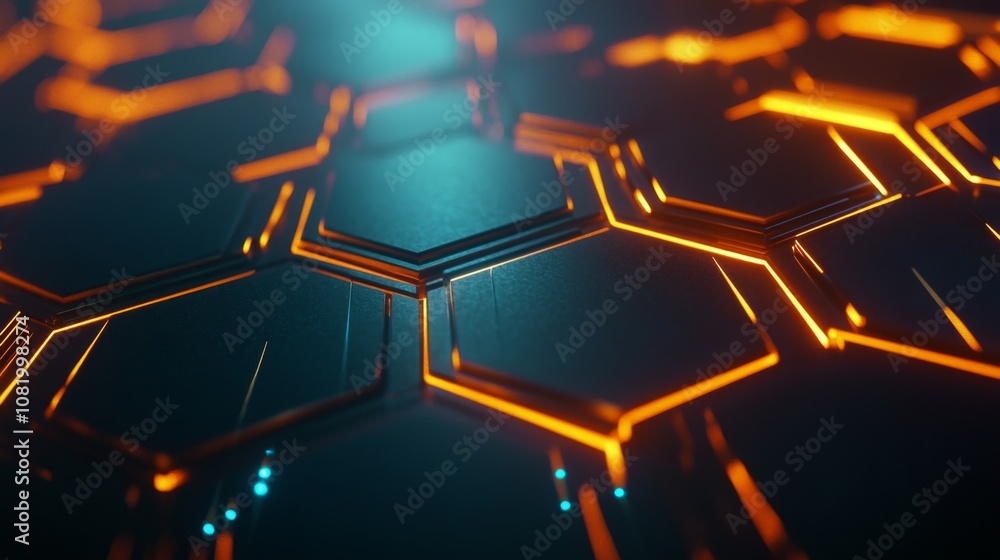 Poster Futuristic Hexagonal Pattern with Glowing Orange Lines and Dark Background, Ideal for Tech and Innovation Themes in Graphic Design