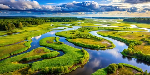 A breathtaking aerial perspective of tranquil wetlands and marshland in Wells, Maine, capturing the essence of natureâ€™s beauty through stunning photography.
