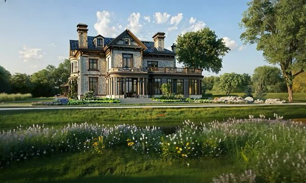 Modern Victorian manor on a high hill, with smart technology and an elegant facade, featuring a charming view of a flowering garden and peaceful pond
