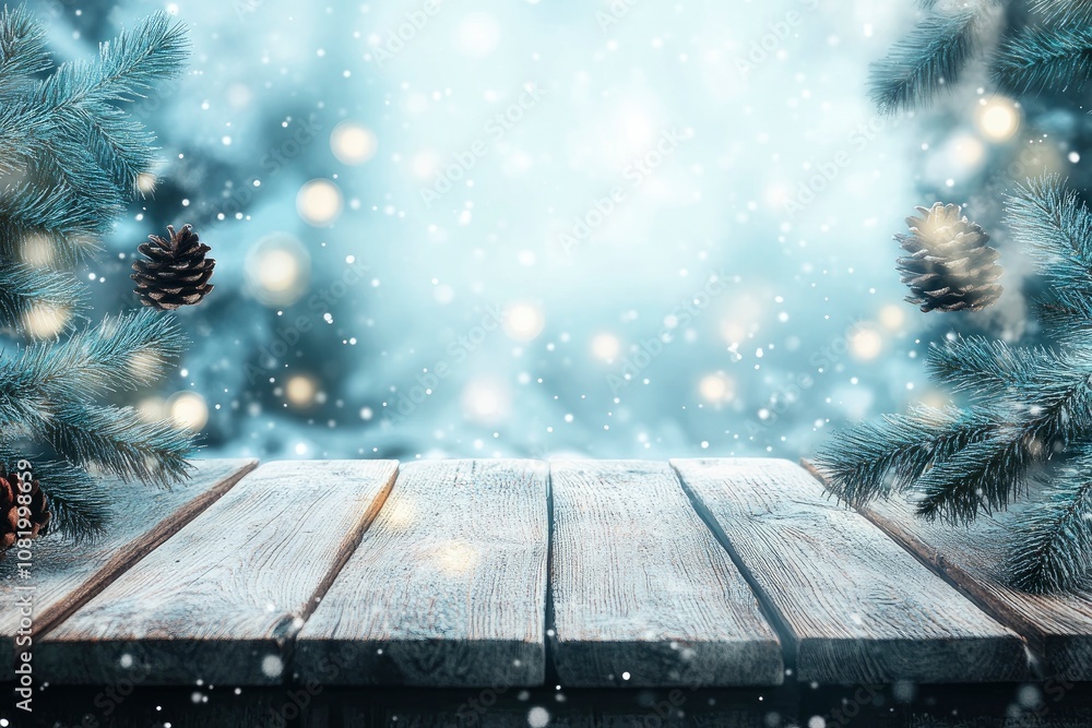 Poster wooden table over abstract bokeh background, use for text or picture, chirstmas and new year concept
