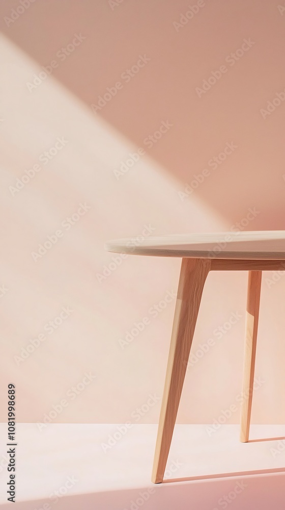 Poster scandinavian inspired oak table on soft pastel background for product display