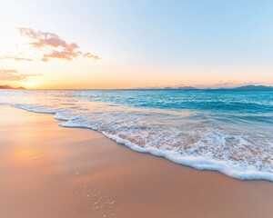 Fototapeta premium Sunset waves lapping at serene beach coastal paradise landscape photography tranquil environment wide angle viewpoint nature's beauty