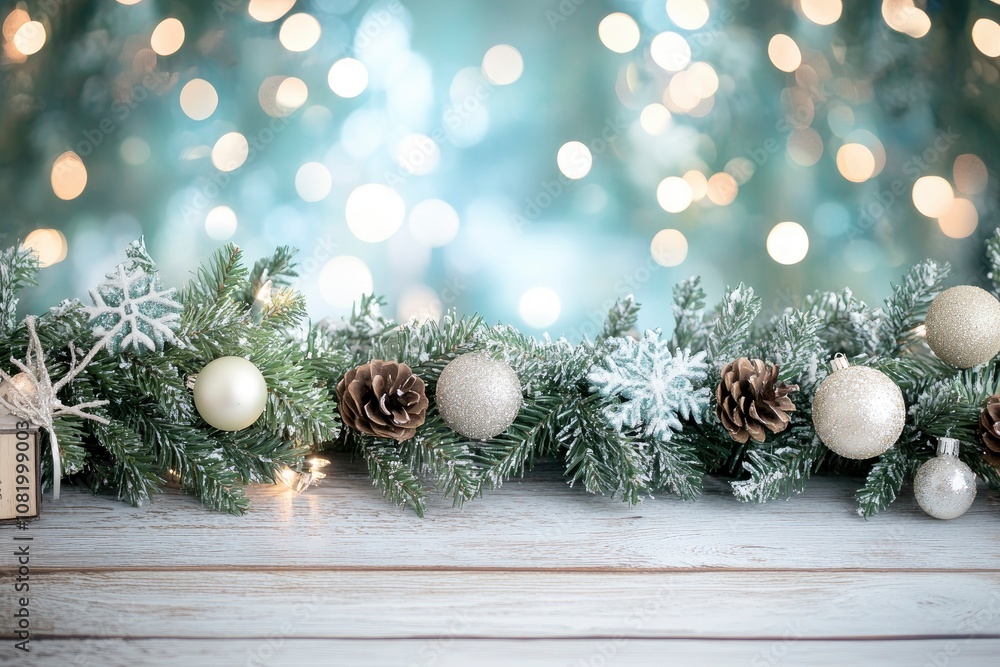 Poster wooden table over abstract bokeh background, use for text or picture, chirstmas and new year concept
