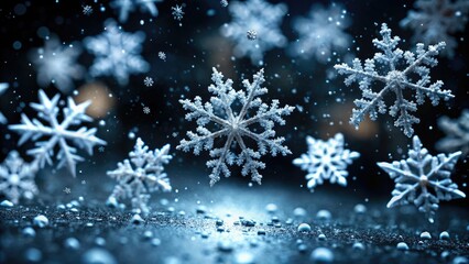 Fototapeta premium A breathtaking depiction of winter snow swirling down against a striking black background, highlighting the intricate beauty of each flake, perfect for seasonal aesthetics.