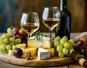 Sophisticated Wine and Cheese Pairing With a Selection of Fine Wines, Artisan Cheeses, Fresh Fruits, and Herb Garnishes for a Luxurious Dining Experience