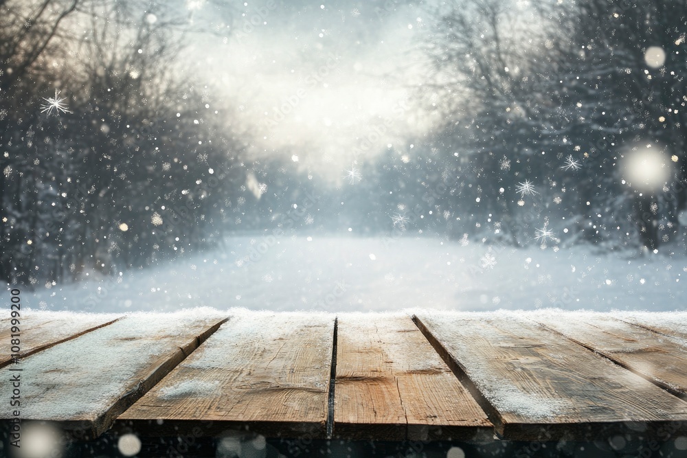 Poster wooden table over abstract bokeh background, use for text or picture, chirstmas and new year concept
